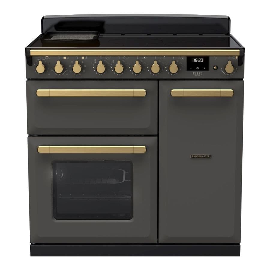Slate-colored induction range cooker with antique brass knobs, featuring a digital display, two ovens, and a smooth cooking surface.
