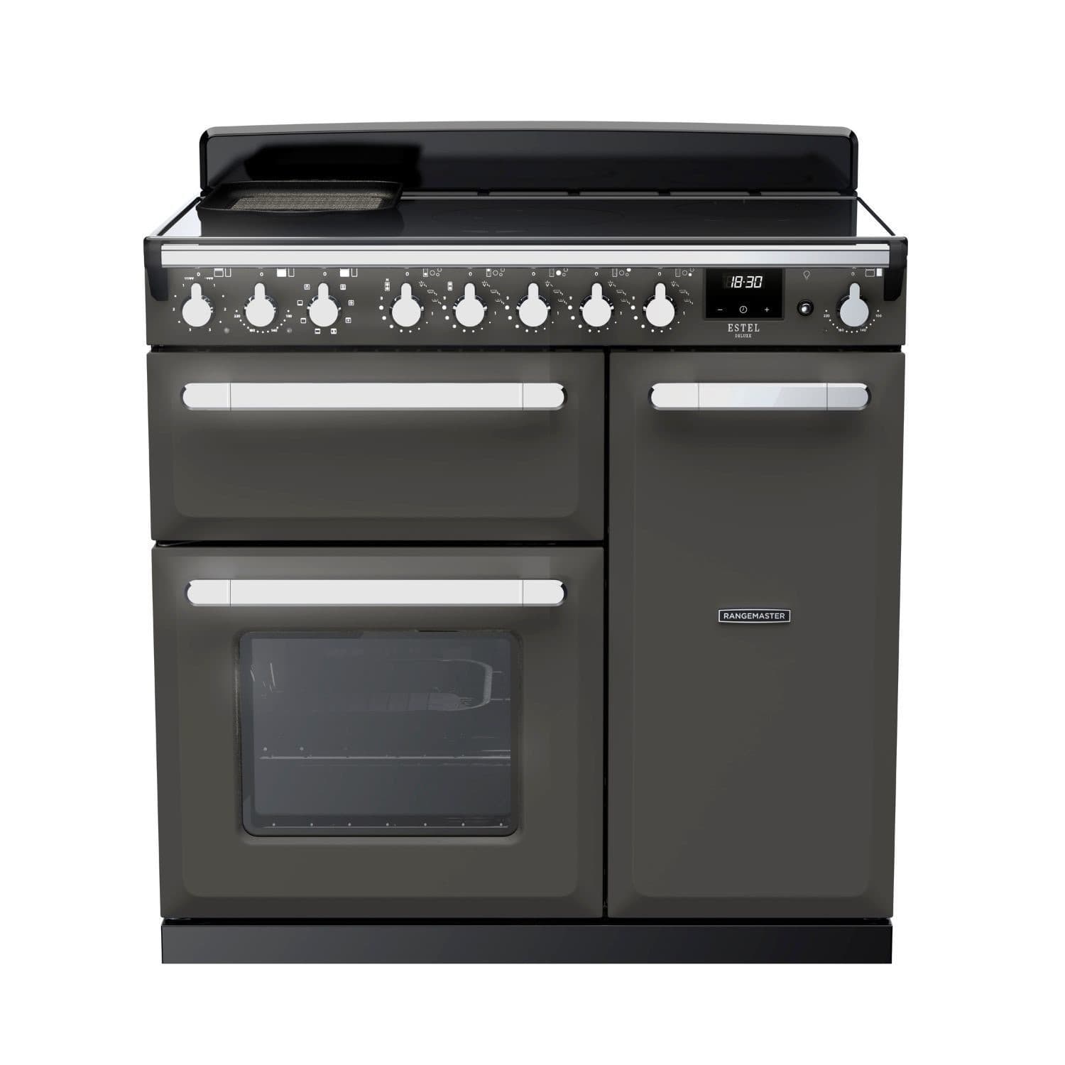 Slate grey induction range cooker with chrome accents, featuring a sleek glass top, multiple control knobs, two ovens, and a digital display.