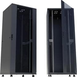Free-standing 19" network cabinet by Intellinet, 42U height, 800x800mm dimensions, featuring a sleek black finish, glass front door, and adjustable mounting rails inside.