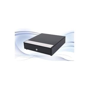 Black cash drawer with a sleek design, featuring a silver front panel and a key lock, ideal for retail and point-of-sale systems.