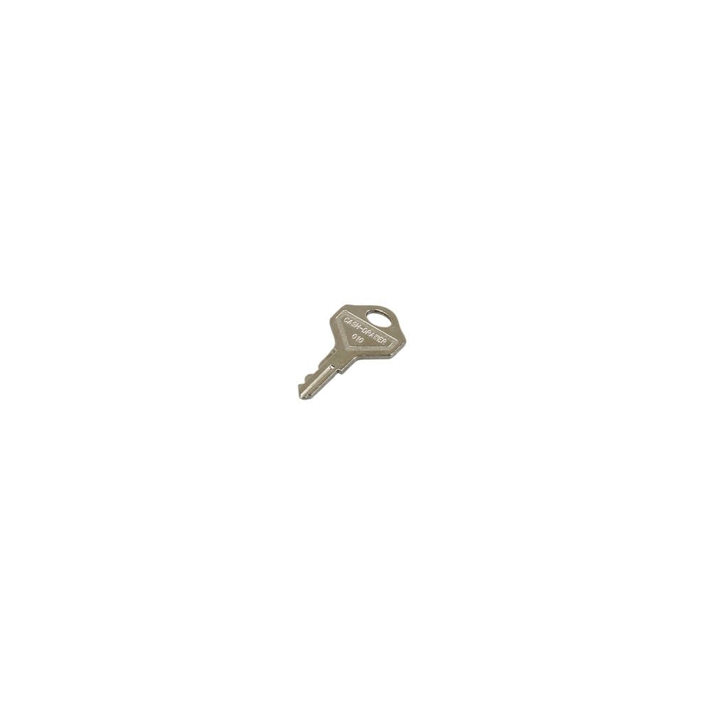 Silver metal key labeled "STANDARD 010" with a distinctive shape and a circular hole for attachment, designed for use with International Cash Drawer products.