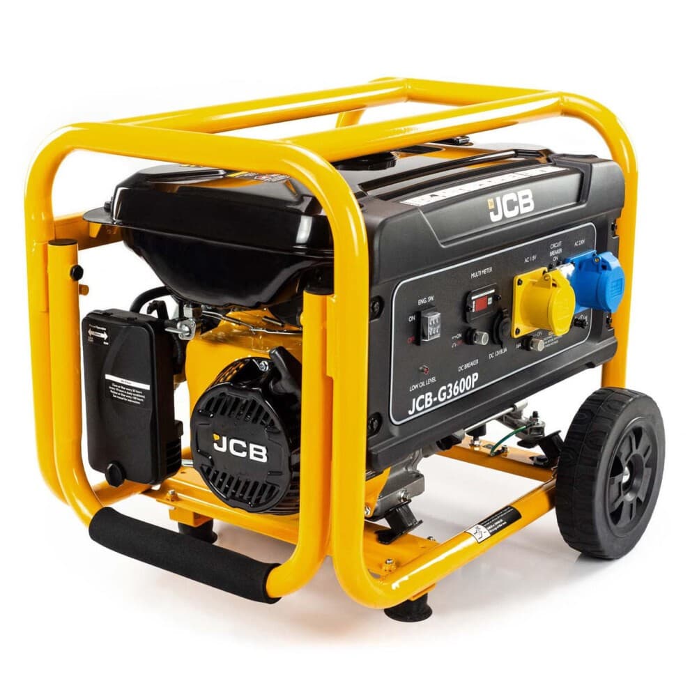 JCB 7.5hp petrol generator in yellow and black, featuring a sturdy frame, control panel with switches, a blue outlet, and wheels for easy mobility.