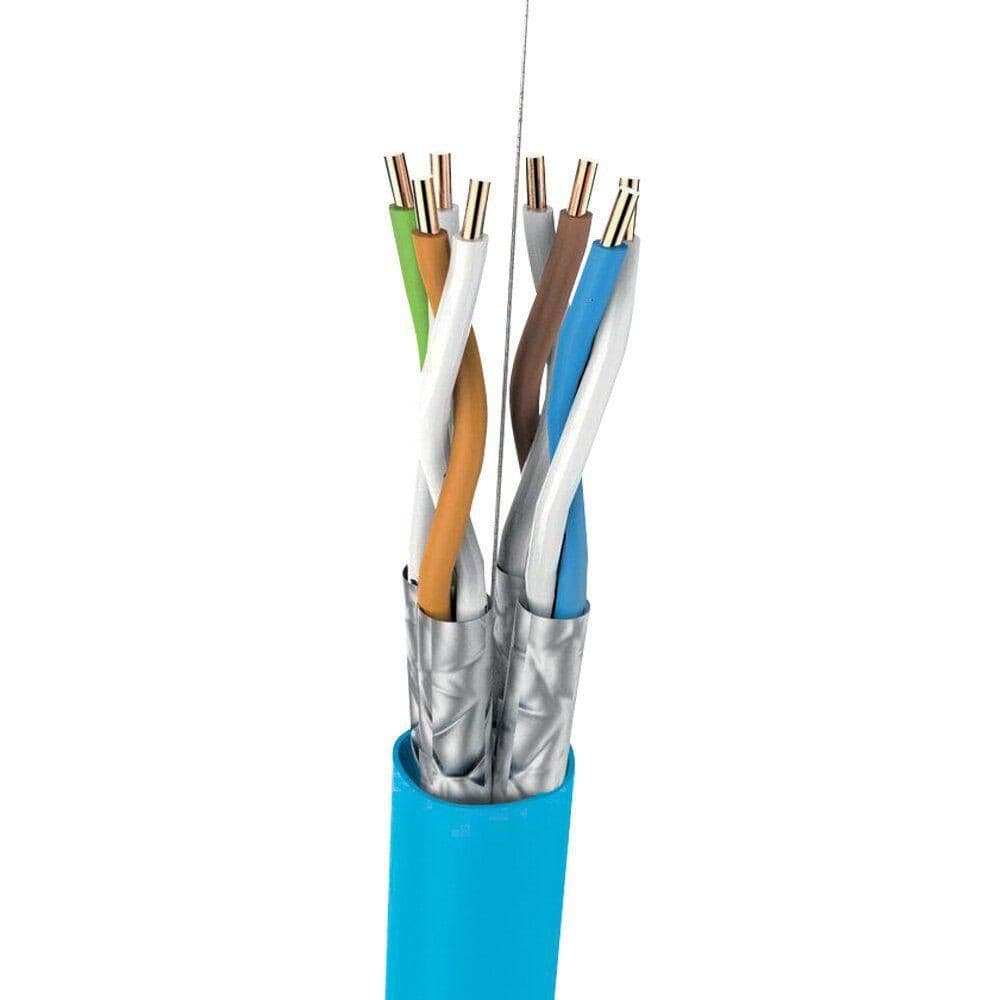 Premium C6 CPR cable in a blue outer sheath, featuring multiple inner wires in colors: green, brown, blue, white, and gray, with a metallic finish on the wire ends.