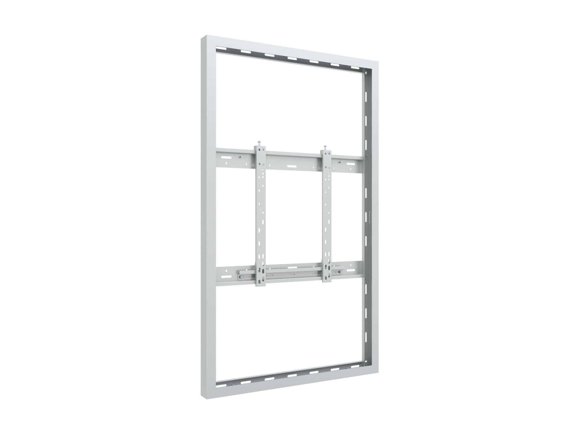 White metal wall enclosure with a slim design, featuring adjustable mounting brackets and a sturdy frame for secure installation of displays.