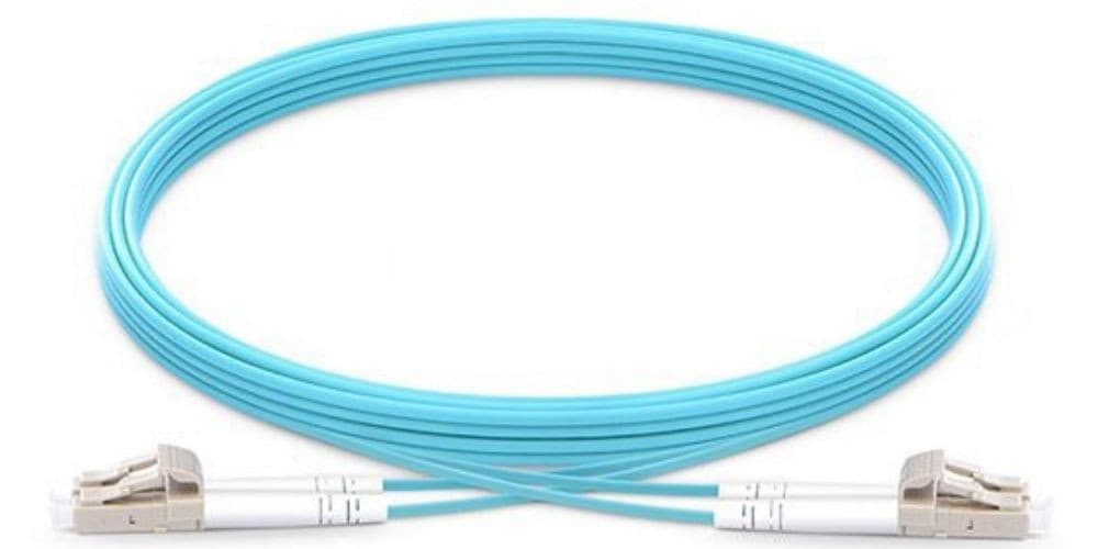 Aqua-colored 2m multimode duplex fibre optic cable with LC connectors at both ends, designed for high-speed data transmission.
