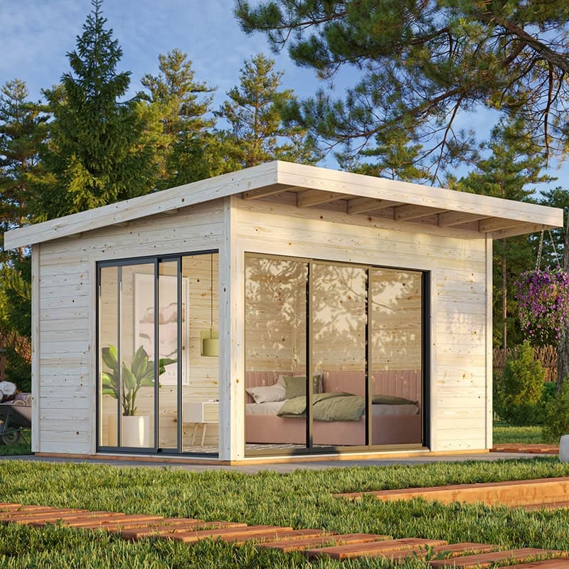 Contemporary log cabin with a light wood exterior, large sliding glass doors, and a flat roof, set in a green landscape with trees and a small plant inside.