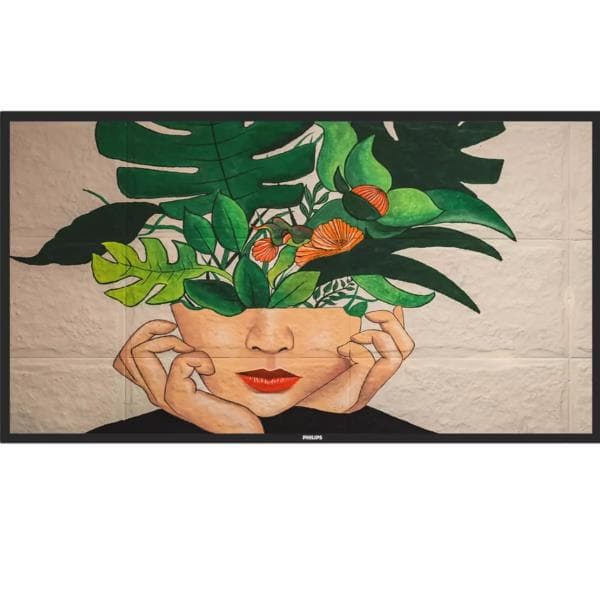 Philips 55BDL4511D/00 digital signage display featuring a vibrant artwork of a person with greenery and flowers, framed in a sleek black bezel.