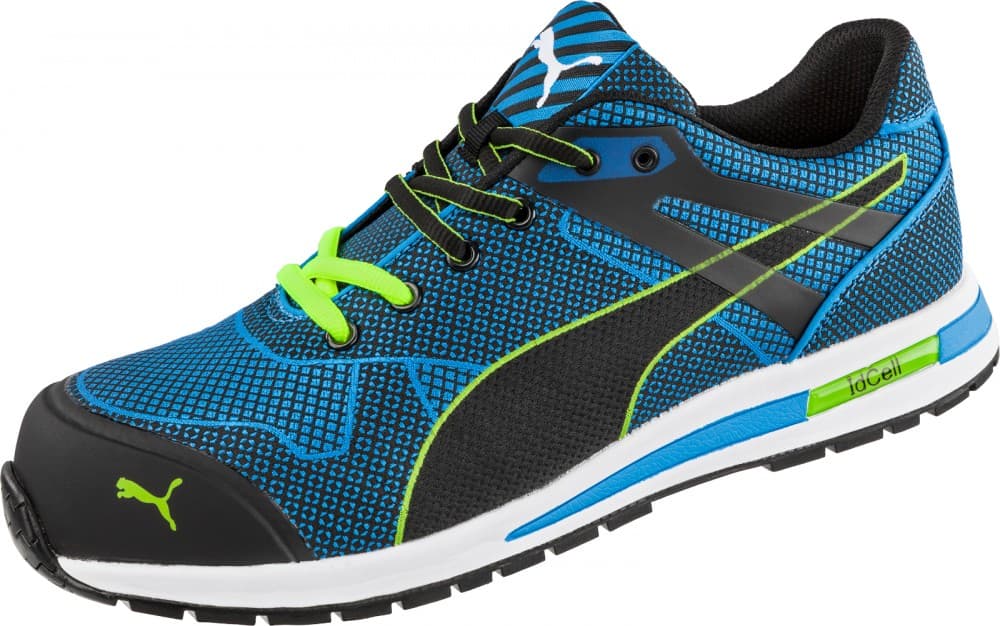 Blue knit safety shoe with black accents, lime green laces, and a protective toe cap, featuring a cushioned sole and Puma logo on the side, size 9.