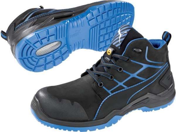 Black and blue Puma men's safety boots featuring a sturdy design, lace-up front, reinforced toe cap, and textured rubber sole for enhanced grip and durability.