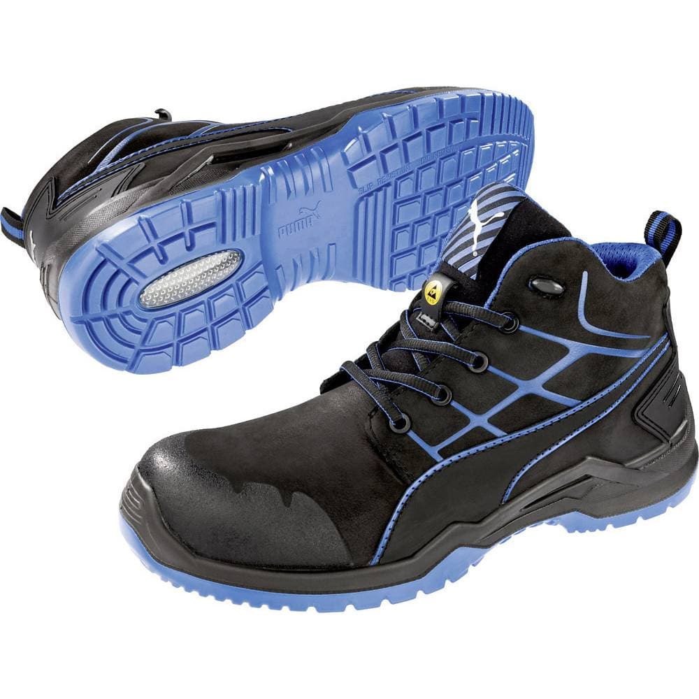 Black and blue Puma men's safety boots featuring a durable upper, reinforced toe, and textured rubber sole designed for comfort and protection in work environments.