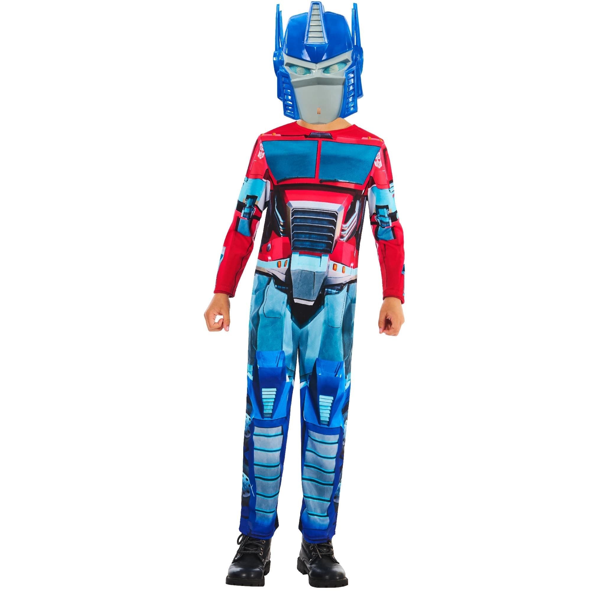 Transformers Optimus Prime costume for ages 7-8 featuring a red and blue jumpsuit with printed armor details and a matching blue helmet.