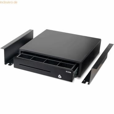 Black metal mounting brackets with a drawer, designed for Safescan SD-4141 and HD 4141S models, featuring a secure lock and multiple compartments for organization.