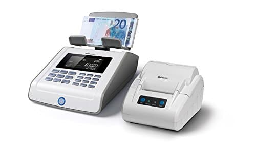 Grey Safescan TP-230 thermal printer with a sleek design, featuring a control panel with buttons, and a money bill holder displaying a €20 note.