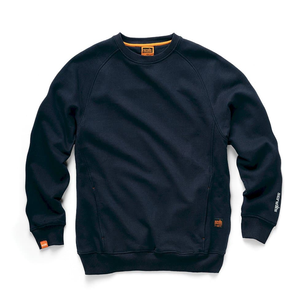 Navy blue sweatshirt made from eco-friendly material, featuring a crew neck, ribbed cuffs, and a small orange Scruffs logo on the sleeve and hem.