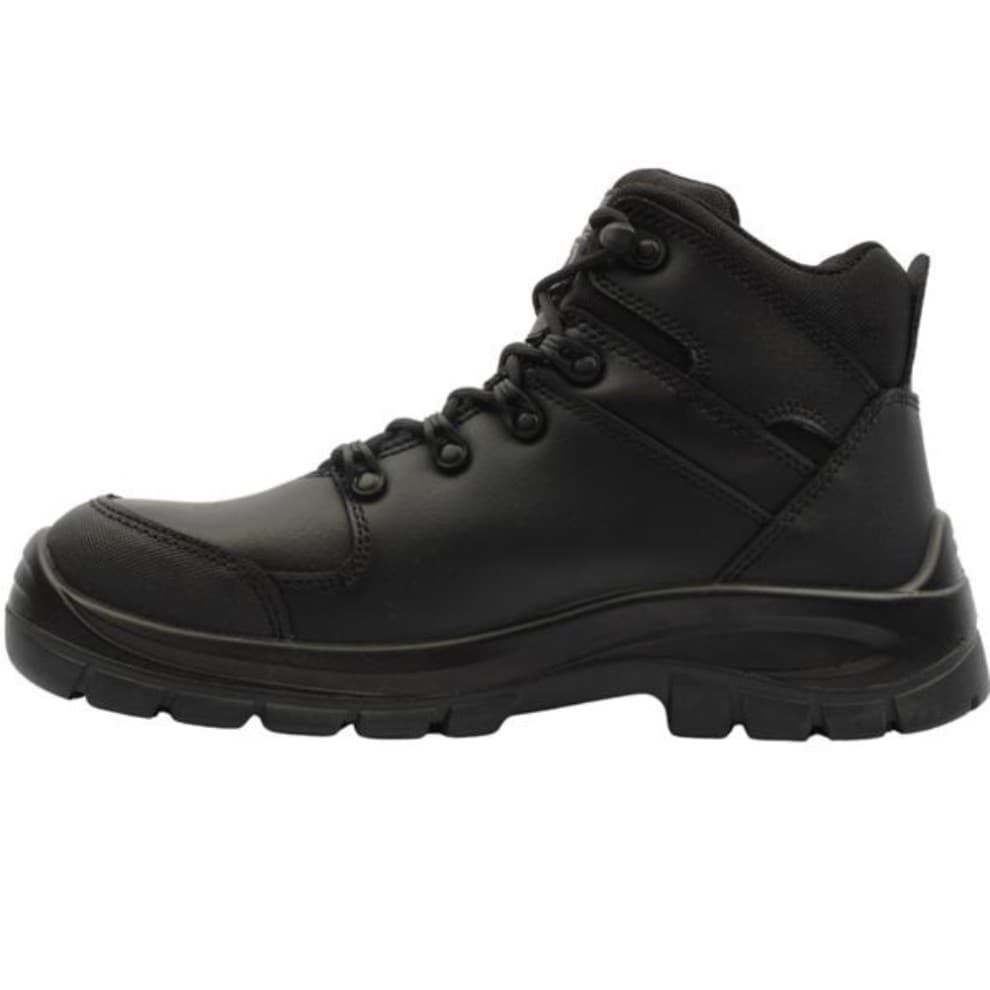 Black Skechers Men Trophus Kilram Safety Boot featuring a sturdy design, lace-up front, padded collar, and durable rubber sole, available in size 11.