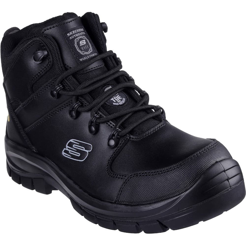 Black Skechers Men Trophus Kilram Safety Boot features a durable leather and synthetic upper, lace-up design, padded collar, and slip-resistant sole, available in size 12.