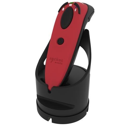 Handheld barcode reader in black and red, featuring a sleek design, Bluetooth capability, a prominent scan button, and a charging dock.