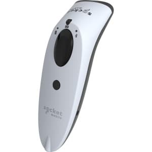 White handheld barcode scanner with a sleek design, featuring a black scanning button and indicator lights, accompanied by a charging dock.