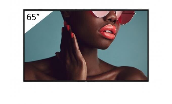 65-inch Sony FW-65BZ40L digital signage display featuring a flat panel design, showcasing vibrant colors and sharp image quality, ideal for advertising and presentations.