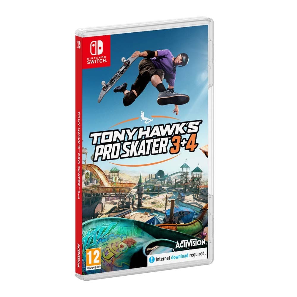 Nintendo Switch game case for "Tony Hawk's Pro Skater 3+4" featuring a skater performing a trick, vibrant colors, and a detailed skatepark background.