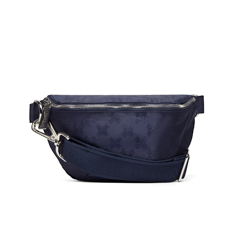 Blue Vilebrequin waist bag featuring a turtle monogram pattern, made from durable material, with a silver zipper and a textured strap for adjustable fit.