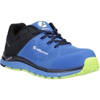 Blue and black low-cut safety trainer with lime green sole, mesh upper, and Albatros logo.