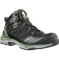 Olive and black mid-cut safety boot with reinforced toe, padded collar, and rugged sole.