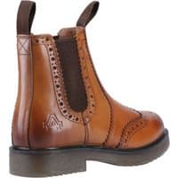Brown leather pull-on brogue boot with elastic side panels, decorative perforations, and pull tabs, size 11.