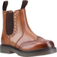 Brown leather Amblers Dalby brogue boot, size 6, with pull-on tabs, elastic side panels, and decorative perforations.