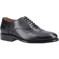 Black leather Oxford dress shoe with cap toe, lace-up design, and leather sole, size 10.