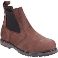Brown leather pull-on dealer safety boot with black elastic side panels and rugged sole, size 10.