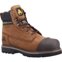 Brown leather Amblers Safety boot with black scuff cap, padded collar, and yellow logo on tongue, size 9.