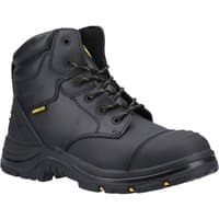 Black Amblers Safety boot, steel toe, lace-up, padded collar, slip-resistant sole, yellow accents, size 7.