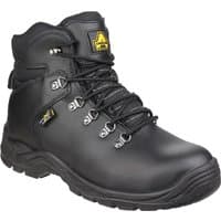 Black Amblers Safety boot with Poron Xrd metatarsal protection, lace-up front, padded collar, and rugged sole, size 13.