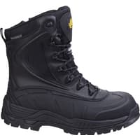 Black Amblers waterproof hi-leg safety boot, metal-free with reinforced toe, lace-up front, and rugged sole.
