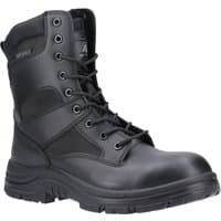 Black Amblers Safety hi-leg waterproof boot, metal-free, with lace-up front and reinforced toe, size 5.