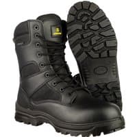 Black Amblers Safety Combat Hi-Leg waterproof boots, metal-free, with rugged soles and lace-up front, size 8.