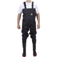 Black Amblers Safety chest wader with adjustable straps, reinforced knee pads, and red-soled boots, size 9.