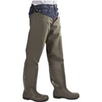 Green thigh-high safety waders with black boots, adjustable straps, and reinforced knee patches.