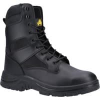 Black Amblers Safety hi-leg boot, size 10, with reinforced toe, padded collar, and lace-up front.