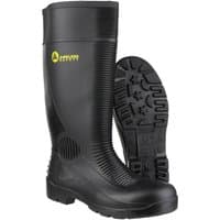 Black Amblers Safety Wellington boots with reinforced toe, textured grip sole, and yellow logo on the side.