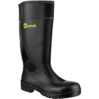 Black Amblers Safety Wellington boot with reinforced toe, textured grip sole, and yellow logo on the side.