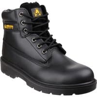 Black Amblers Safety boot, lace-up, ankle-high, with yellow logo on side, padded collar, and rugged sole. Size 8.
