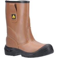 Brown Amblers Safety rigger boot, water-resistant, pull-on style, black reinforced toe, and sole, size 10.