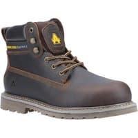 Brown Amblers Safety boot, steel toe, leather upper, padded collar, yellow logo, rugged sole, size 10.5.