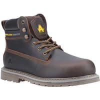 Brown leather Amblers Safety boot, size 11, with padded collar, yellow logo, and rugged sole.