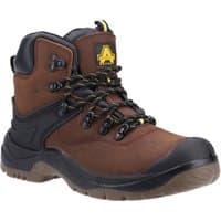 Brown leather Amblers safety boot size 9 with black toe cap, padded collar, and yellow accents.
