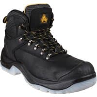 Black Amblers safety hiker boot, size 9, with yellow accents, padded collar, and rugged sole.