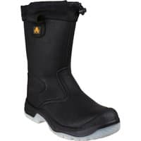 Black water-resistant safety rigger boot with pull-on loops, reinforced toe, and slip-resistant sole, size 5.