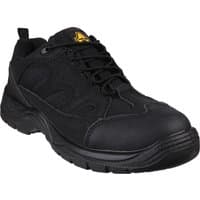 Black Amblers Safety vegan-friendly shoes, size 10, with reinforced toe, lace-up design, and textured sole.